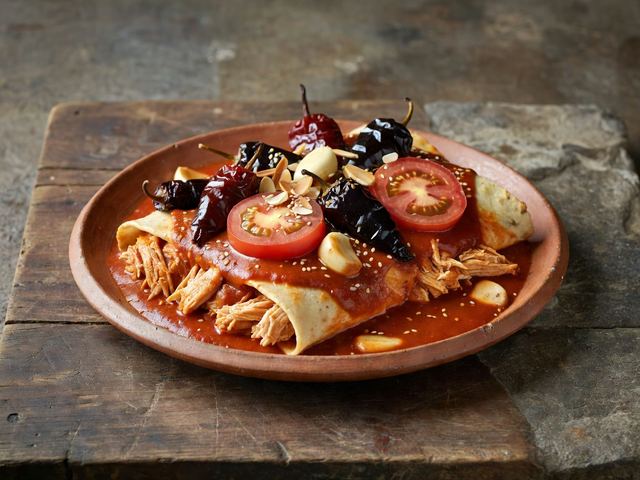 Skillet Chicken Enchiladas in Red Chile Sauce