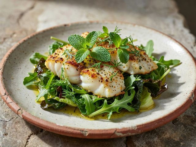 Herb-Rubbed White Fish with Bitter Greens and Lemon Oil