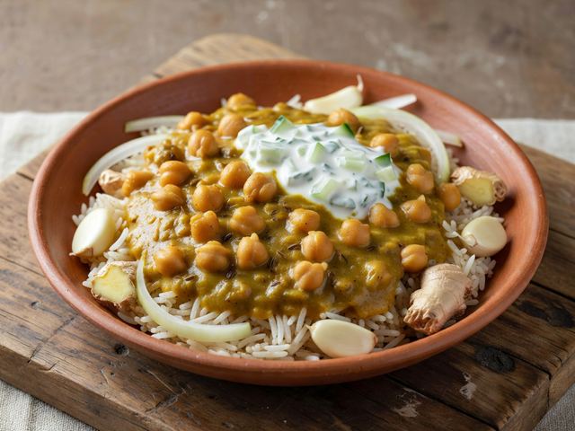 Cumin Chickpea Stew over Basmati with Quick Cucumber Raita