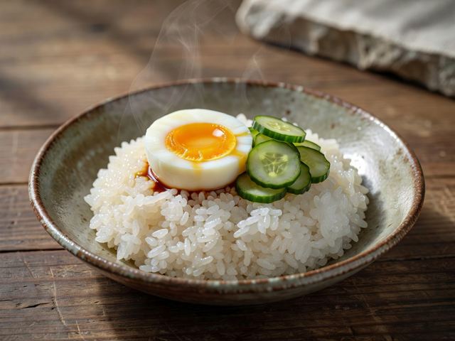 Hot Rice with Soft Egg, Soy, and Quick Cucumber Pickles