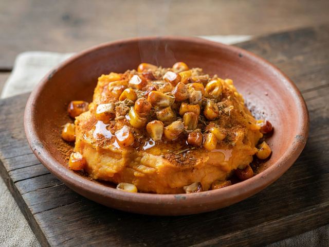 Warm Spiced Sweet-Potato Mash with Toasted Corn Crunch