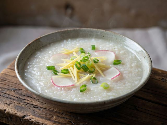 Ginger Scallion Congee with Quick Pickled Radish