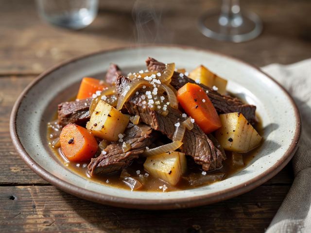 Slow-Braised Beef with Root Vegetables and Wild-Onion Pan Gravy