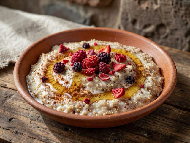 Cinnamon Quinoa Porridge with Honey and Freeze-Dried Berry Crumble