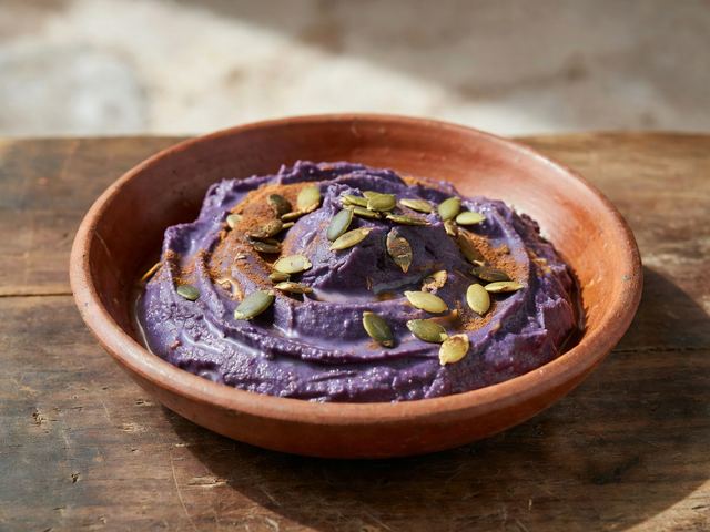 Warm Purple Sweet-Potato Pudding with Vanilla and Toasted Pepitas