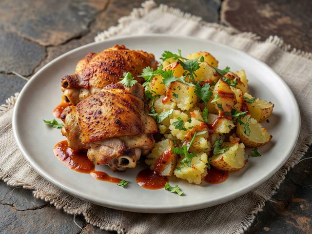 Slow-Roasted Spiced Chicken with Crushed Herb Potatoes and Aji-Style Sauce