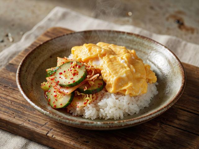 Soft Scrambled Eggs with Quick Cucumber Kimchi and Steamed Rice