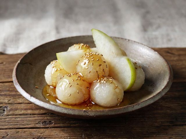 Honey-Sesame Sweet Rice Punches with Chilled Pear