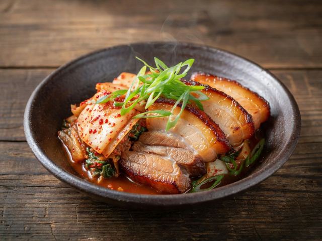 Braised Pork Belly with Napa Kimchi and Scallion Salad