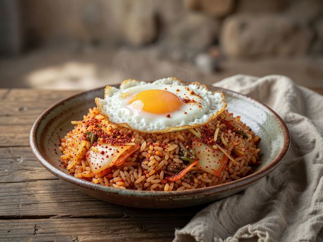 Kimchi Fried Rice topped with a Crispy Fried Egg