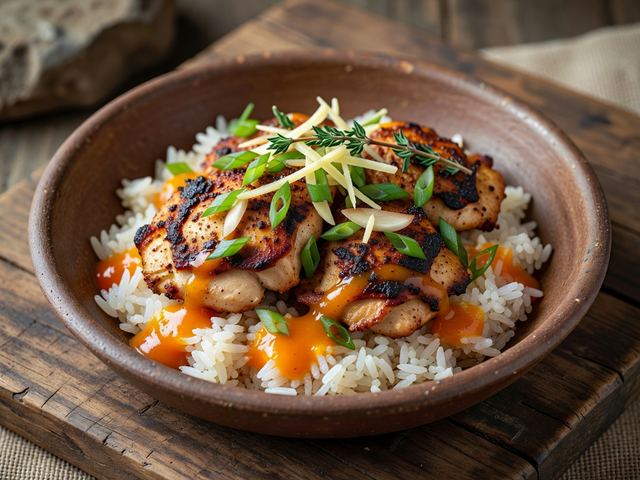 Jerk-Spiced Chicken Rice Bowl with Mango Hot Sauce