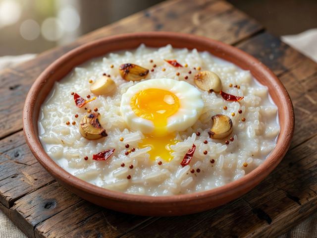 Garlic-Coconut Rice Kanji with Soft Egg