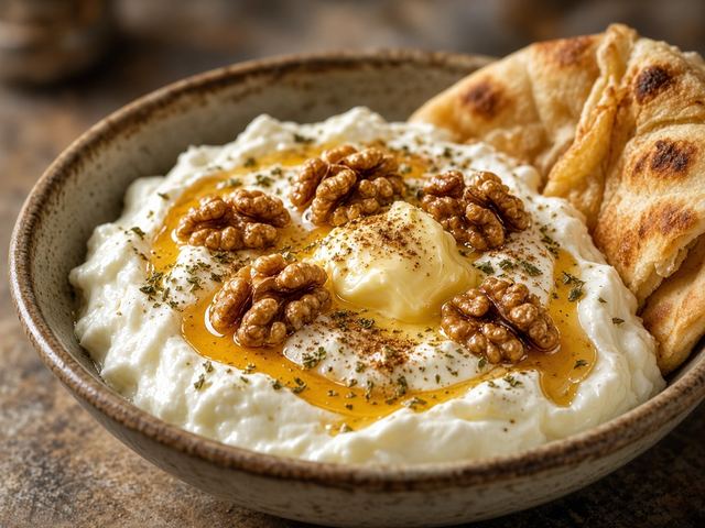Thick Yogurt with Honey, Walnuts, and Warm Flatbread