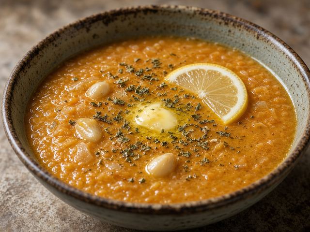 Red Lentil Soup Finished with Lemon and Dried Mint