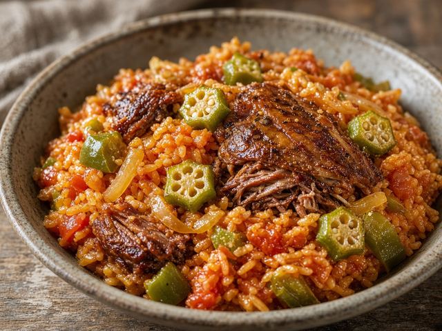One-Pot Okra Red Rice with Smoked Turkey