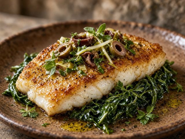 Pan-Seared White Fish with Olive-Herb Relish and Greens