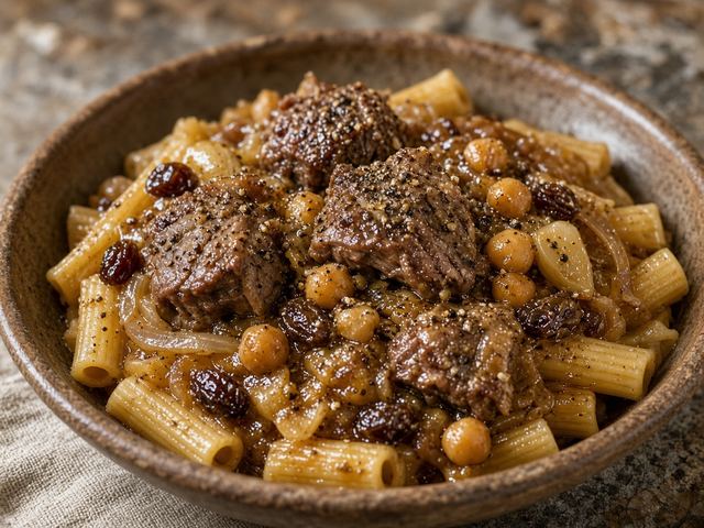 Peppered Lamb and Raisin Stew over Short Pasta