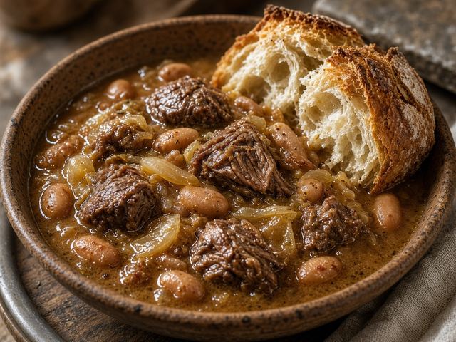 Dutch-Oven Beef and Bean Stew with Torn Sourdough Loaf