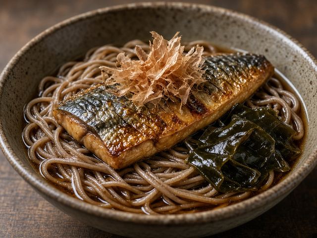 Soy-Simmered Mackerel over Warm Buckwheat Noodles