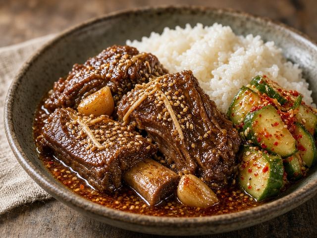 Sesame-Soy Braised Beef with Hot Rice and Quick Cucumber Kimchi