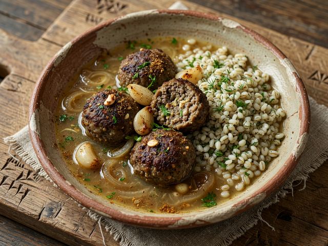 Garlic-Coriander Meatballs in Onion Broth with Herbed Barley