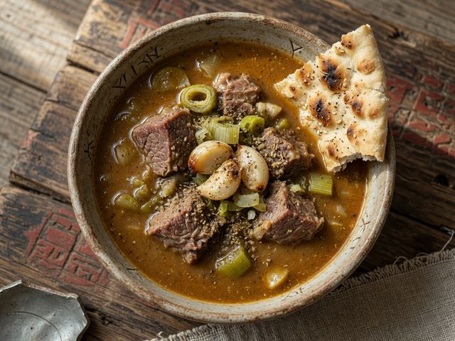 Leek and Lamb Stew with Torn Flatbread