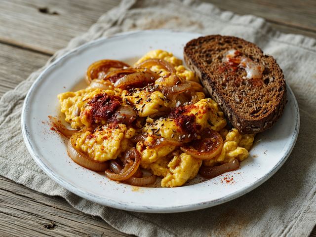 Paprika-Onion Scramble with Rye Toast
