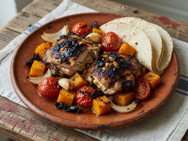 Comal-Charred Chicken with Squash, Tomatoes, and Warm Tortillas