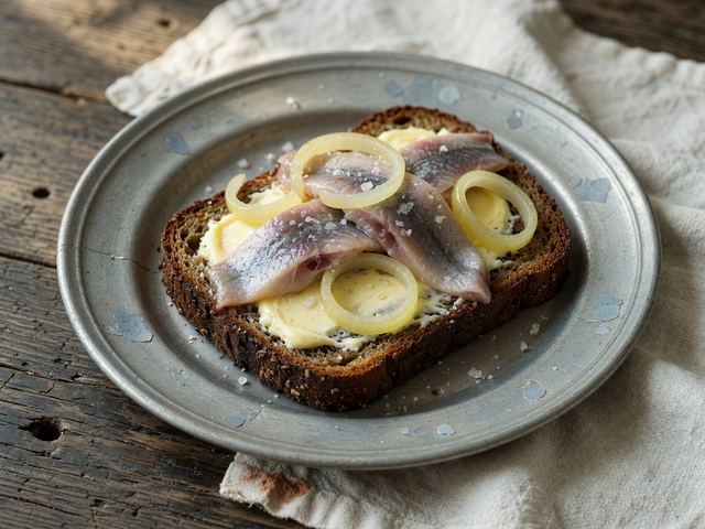 Rye Toast with Butter, Quick-Pickled Herring, and Sliced Onion