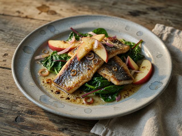 Pan-Seared Herring with Brown Butter, Apples, and Wilted Greens