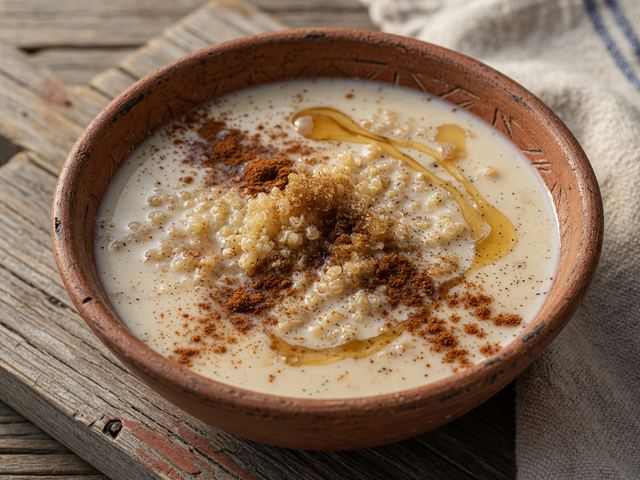 Warm Milk Sweetened with Brown Sugar and Vanilla over Soft Quinoa
