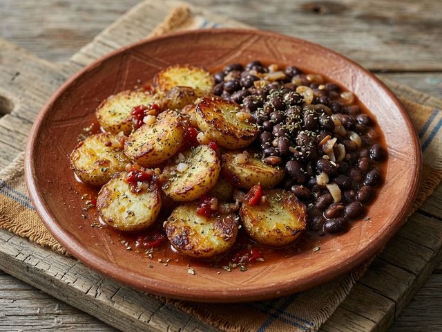 Crispy Crushed Potatoes with Aji-Style Pan Sauce and Stewed Beans