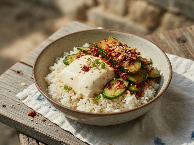 Soft Tofu Rice Bowl with Quick Cucumber Kimchi and Sesame