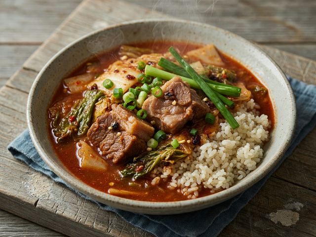 Napa Kimchi Stew with Pork Shoulder and Scallions over Short-Grain Rice