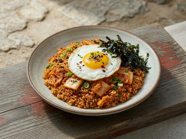 Kimchi Fried Rice with Fried Egg and Roasted Seaweed
