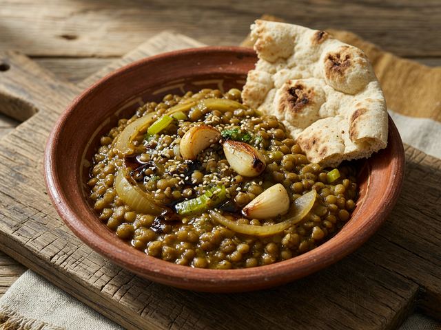 Sesame Lentil-Onion Stew with Thick Flatbread