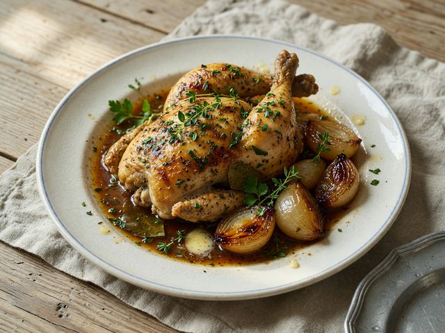 Simple Herb-Roasted Chicken with Pan Jus and Glazed Onions