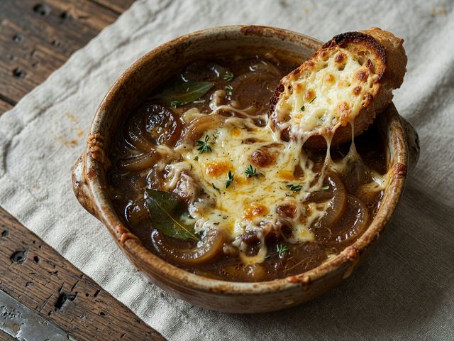 Deep Onion Soup with Melted Cheese Crostini