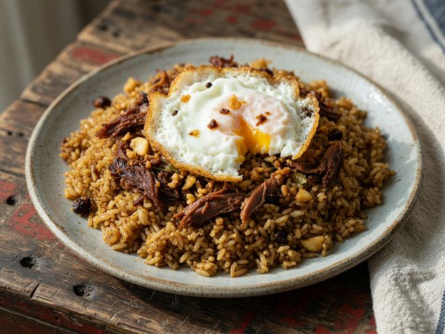 Garlic Fried Rice with Crisp Egg and Leftover Adobo Shreds