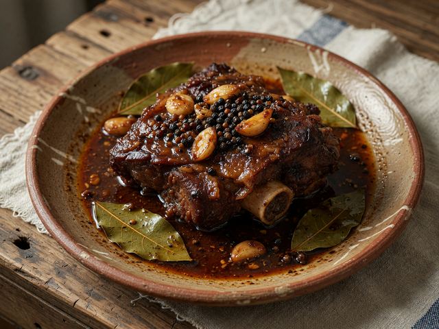 Pork Shoulder Adobo with Bay, Peppercorns, and Pan Juices