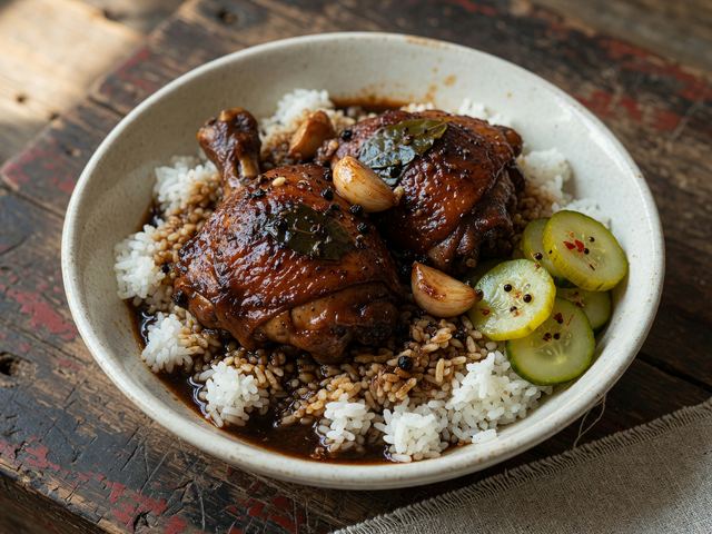Chicken Adobo Bowl over Steamed Rice with Quick Pickled Cucumber
