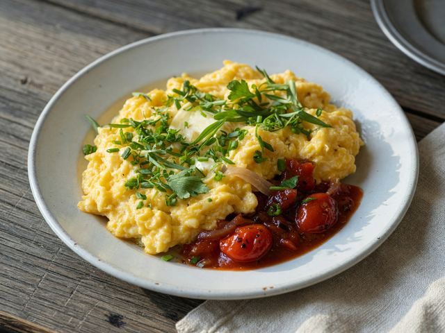 Soft Scrambled Eggs with Fine Herbs and Quick Tomato-Onion Confit
