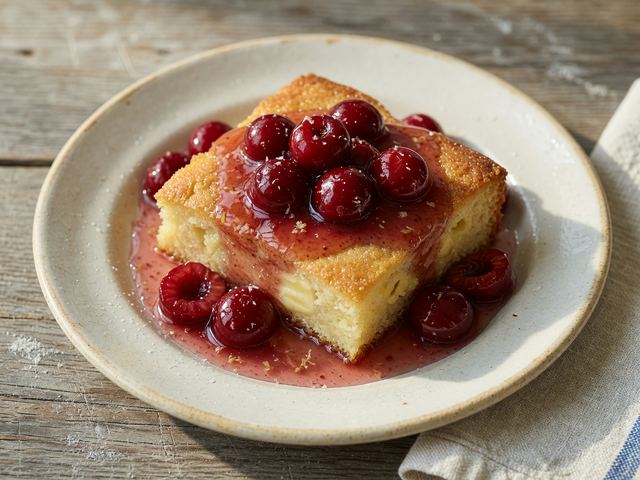 Spoon Cherries in Light Syrup over Plain Butter Cake