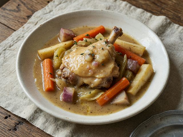 Chicken and Root-Vegetable Fricassée in Pale Wine Gravy