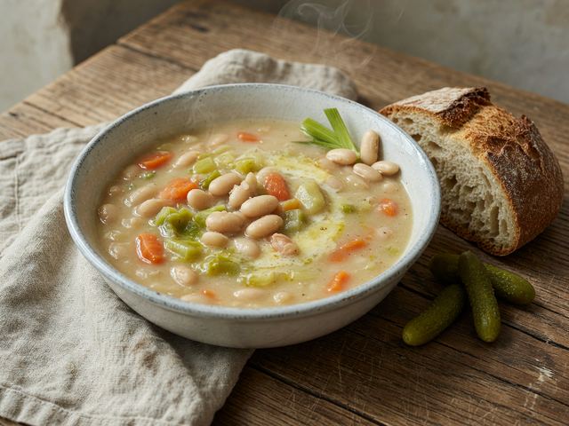 Warm White-Bean and Vegetable Potage with Crusty Bread and Cornichons