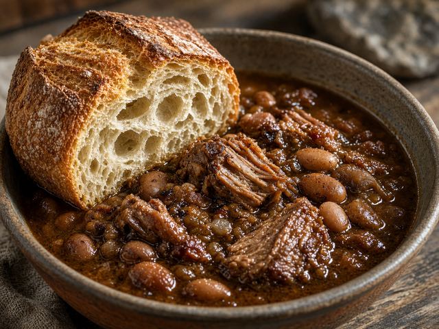 Dutch-Oven Sourdough Loaf beside Slow Pork-and-Bean Stew