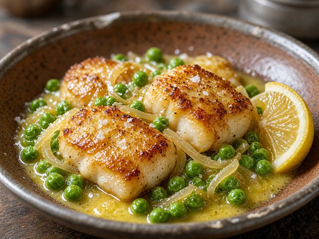 Seared Cod Cheeks with Lemon-Butter and Peas