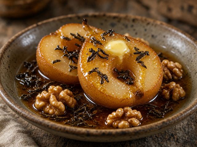 Pu-Erh Poached Pears with Honey and Toasted Nuts