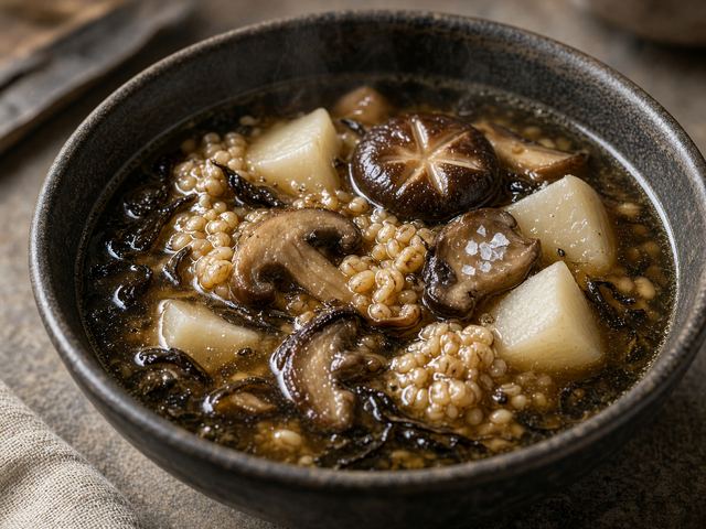 Mushroom-Barley Bowl in Dark Tea Broth