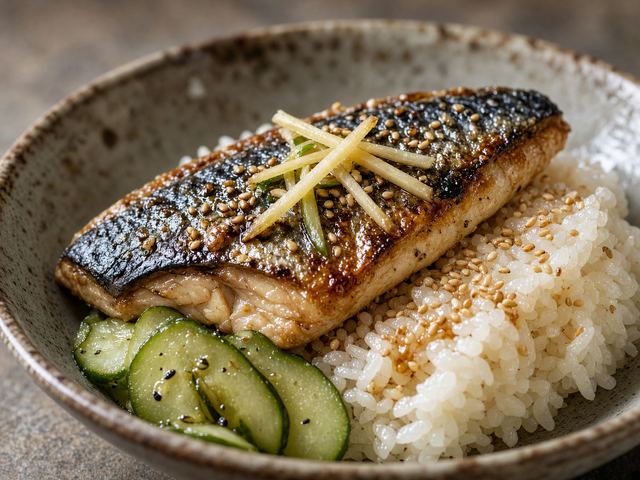 Pan-Seared Mackerel with Ginger-Soy Glaze, Quick Cucumber Pickles, and Sesame Rice